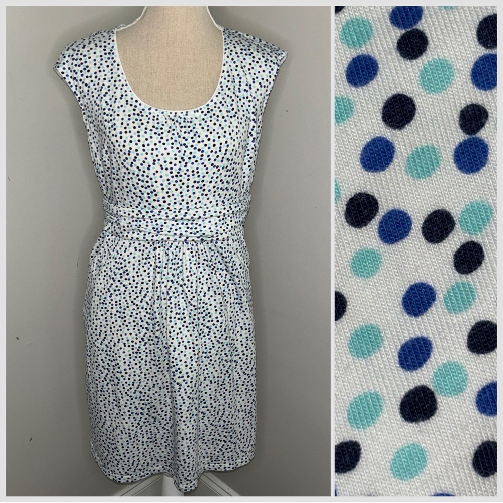 Boden cap sleeve blue & white polka dot knit dress with POCKETS size 10